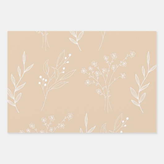 Beige Witte Bloemen Boho Bruiloft Inpakpapier Vel (Voorkant 2)