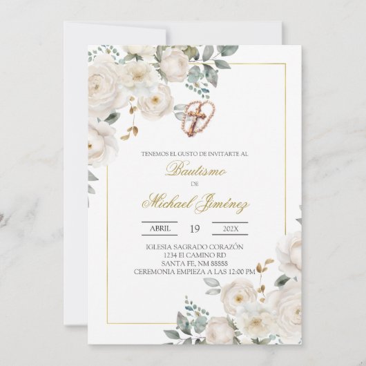 Beige witte bloemendoop Spaanse doop Uitnodiging (Voorkant)