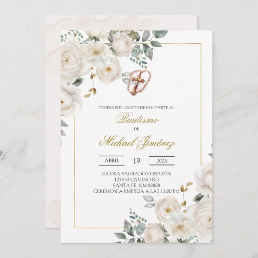Beige witte bloemendoop Spaanse doop Uitnodiging (Voorkant / Achterkant)