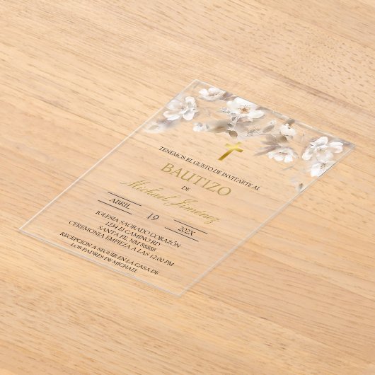 Beige witte bloemendoop Spaanse doop Uitnodiging (Laagn)