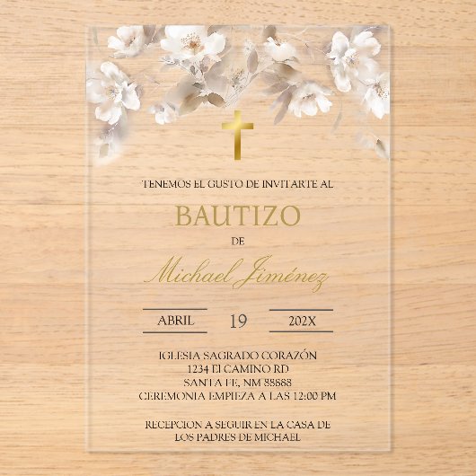Beige witte bloemendoop Spaanse doop Uitnodiging (Voorkant)