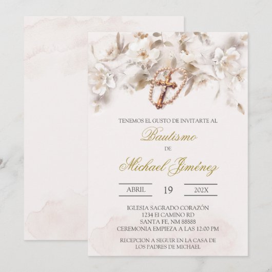 Beige witte bloemendoop Spaanse doop Uitnodiging (Voorkant / Achterkant)