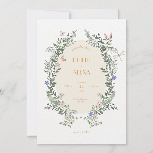 Beige witte bloemenelegante klassieke bruiloft kaart (Voorkant)