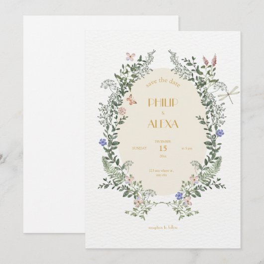 Beige witte bloemenelegante klassieke bruiloft kaart (Voorkant / Achterkant)