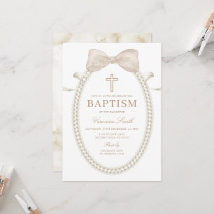 Beige Witte BOW Parels Meisje Doop Christening Kaart