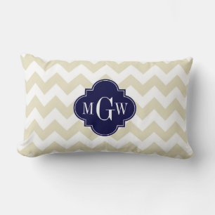 Beige Witte Chevron Marineblauw Quatrefoil 3 Monog Kussen