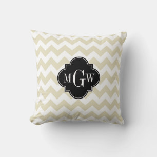 Beige Witte Chevron Zwarte Quatrefoil 3 Monogram Kussen
