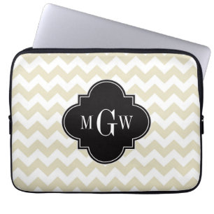 Beige Witte Chevron Zwarte Quatrefoil 3 Monogram Laptop Sleeve