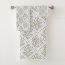 Beige & Witte Glanzende Quatrefoil Patroon Bad Handdoek