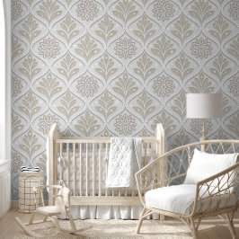 Beige & Witte Glanzende Quatrefoil Patroon Behang