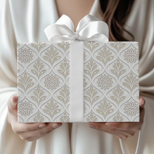 Beige & Witte Glitterende Quatrefoil Patroon Cadeaupapier