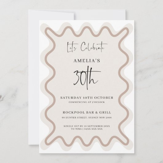 Beige witte golvende rand 30e verjaardag uitnodigi kaart (Voorkant)