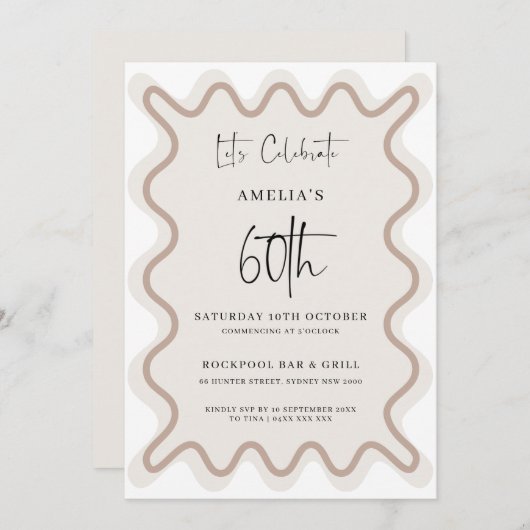 Beige witte golvende rand 60e verjaardag uitnodigi kaart (Voorkant / Achterkant)