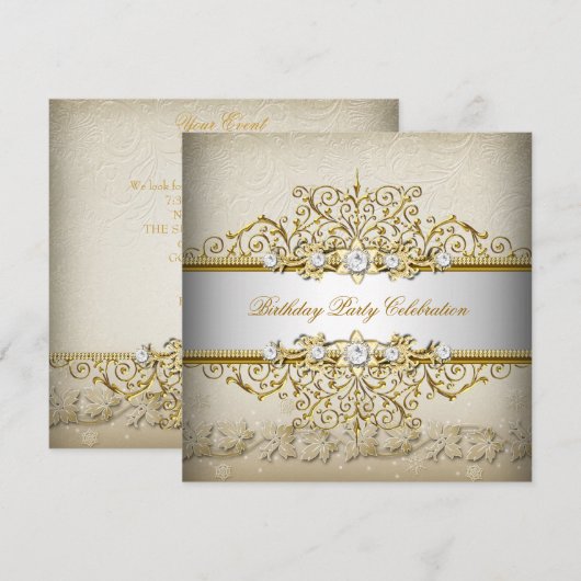 Beige Witte Goud Crème Elegant Feest Kaart (Voorkant / Achterkant)