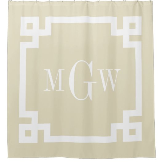 Beige Witte Griekse Sleutel #2 Omlijst 3I Monogram Douchegordijn (Voorkant)