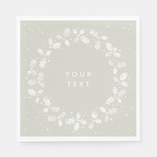 Beige + Witte Hand Gedrukte Hulst Krans Kerstmis Servet (Voorkant)