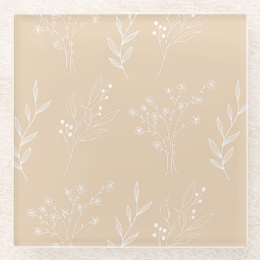 Beige Witte Hoek Bloemen Boho Bruiloft Glazen Onderzetter (Voorkant)