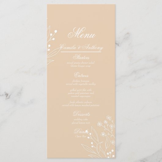 Beige Witte Hoek Bloemen Boho Bruiloft Menu (Voorkant)