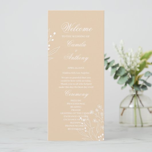 Beige Witte Hoek Bloemen Boho Bruiloft Programmakaart (Staand voorkant)
