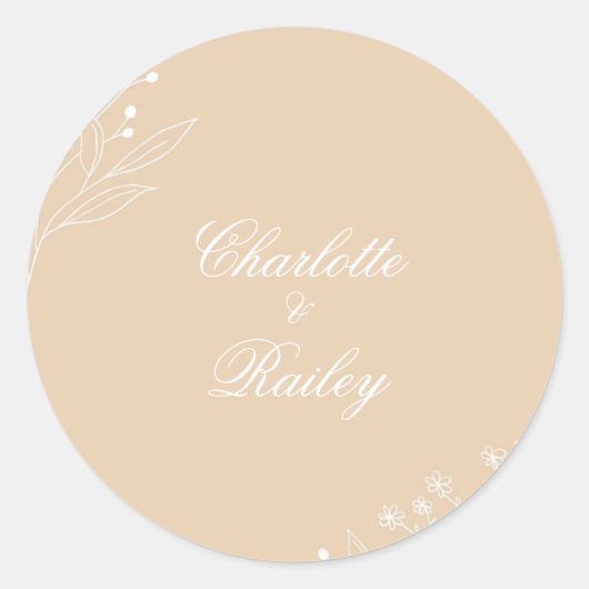 Beige Witte Hoek Bloemen Boho Bruiloft Ronde Sticker (Voorkant)