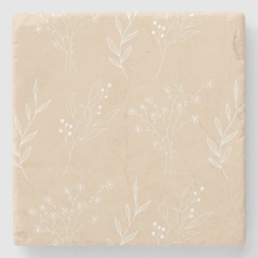 Beige Witte Hoek Bloemen Boho Bruiloft Stenen Onderzetter (Voorkant)