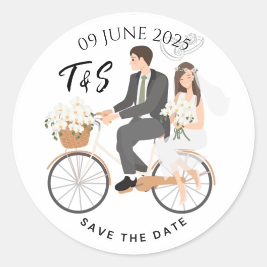 "Beige & Witte Illustratieve Save The Date Ronde Sticker (Voorkant)