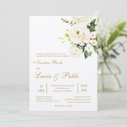 Beige witte roos Bruiloft uitnodiging in het Spaan (Staand voorkant)