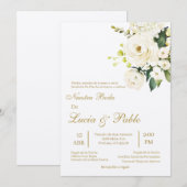 Beige witte roos Bruiloft uitnodiging in het Spaan (Voorkant / Achterkant)