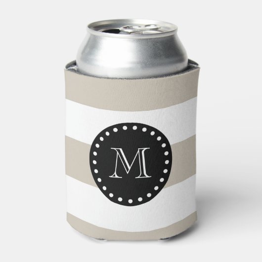 Beige witte strepen patroon, zwart monogram blikjeskoeler (Blikje Voorkant)