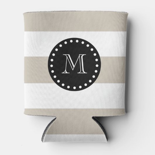 Beige witte strepen patroon, zwart monogram blikjeskoeler (Voorkant)