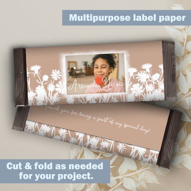 Beige Witte Vat Mitzvah Custom Snoep Bar Wrapper (beige, white botanical wild flowers bat mitzvah cheap chocolate bar wrapper DIY)