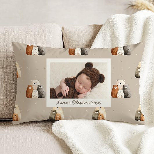 Beige Woodland Bears Pattern Custom Photo Nursery Accent Kussen