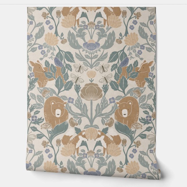 Beige Woodland Block Print Damask Behang (Afrollen)