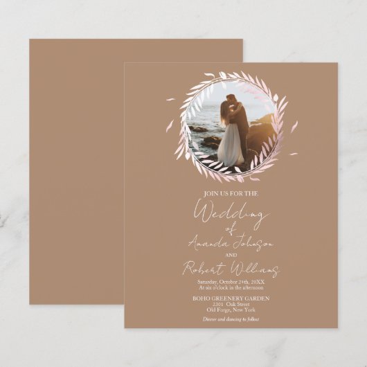 Beige Wreath Budget Foto Wedding Invitation (Voorkant / Achterkant)