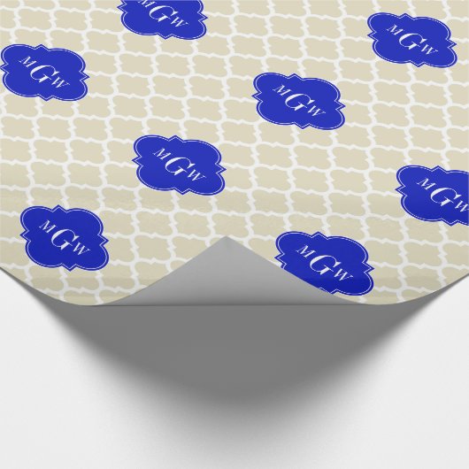 Beige Wt Moroccan #5 Royal Blue 3 Initiaal Monogra Cadeaupapier (Hoek)