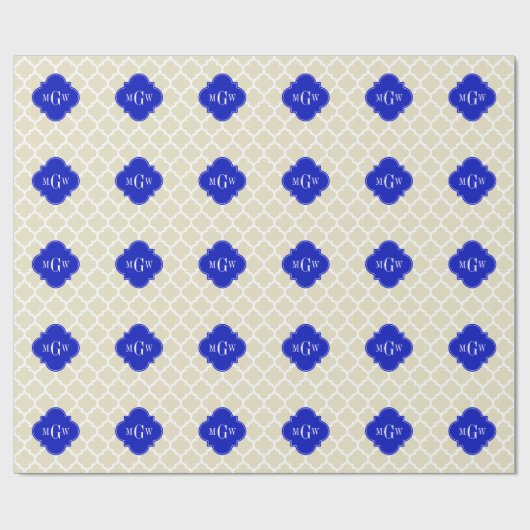 Beige Wt Moroccan #5 Royal Blue 3 Initiaal Monogra Cadeaupapier (Vlak)