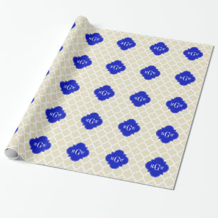 Beige Wt Moroccan #5 Royal Blue 3 Initiaal Monogra Cadeaupapier