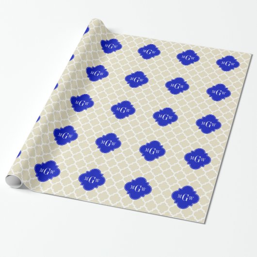 Beige Wt Moroccan #5 Royal Blue 3 Initiaal Monogra Cadeaupapier (Uitgerold)