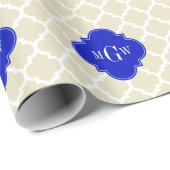 Beige Wt Moroccan #5 Royal Blue 3 Initiaal Monogra Cadeaupapier (Rol Hoek)