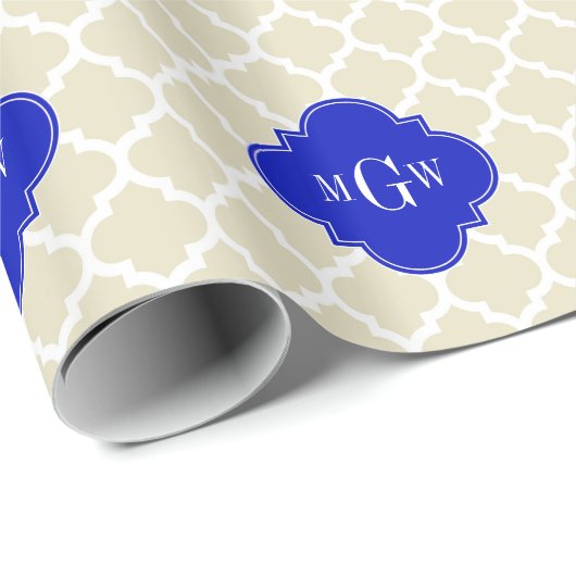 Beige Wt Moroccan #5 Royal Blue 3 Initiaal Monogra Cadeaupapier (Rol Hoek)