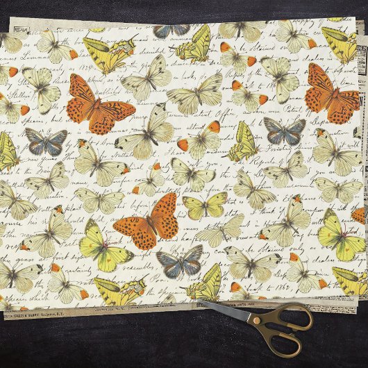  Beige Yellow Butterfly Pattern Script Tissuepapier