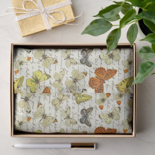  Beige Yellow Butterfly Pattern Script Tissuepapier (Geschenk)