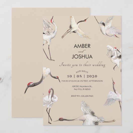 Beige zachte Kraanvogels kunst bruiloft Kaart (Voorkant / Achterkant)