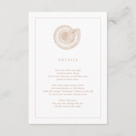 Beige Zee Shell Strand Wedding Information Kaart (Voorkant)