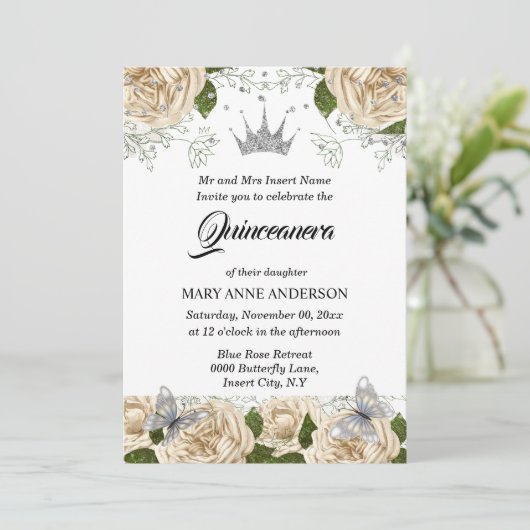 Beige zilvertiara roos quinceanera kaart (Staand voorkant)
