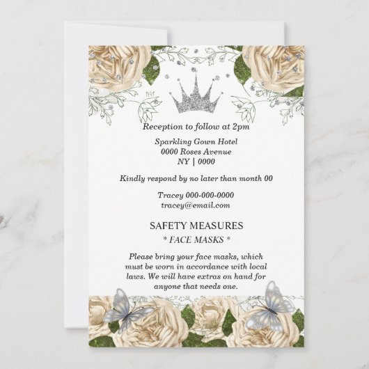 Beige zilvertiara roos quinceanera kaart (Achterkant)