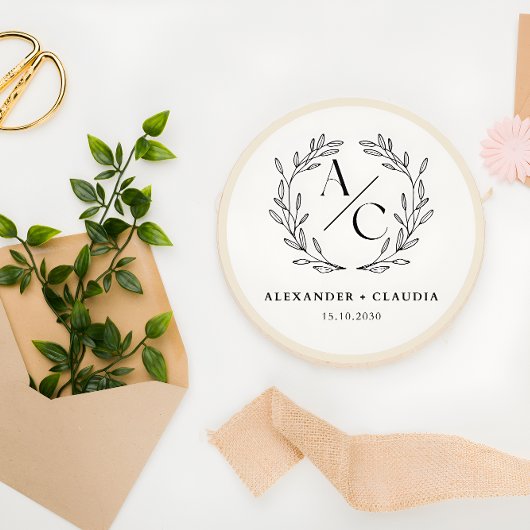 Beige & Zwart Elegant Gepersonaliseerde Bruiloft L Ronde Sticker