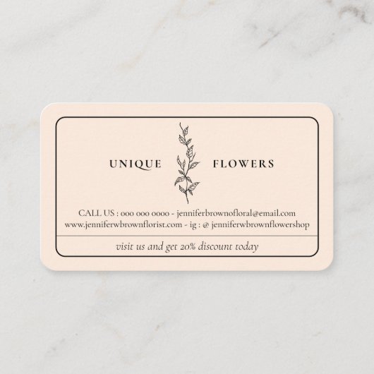 Beige Zwart Minimal Framed Line Flower Visitekaartje (Achterkant)