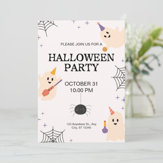 Beige Zwart Sinaasappel Speelse Halloween Party Kaart (Staand voorkant)