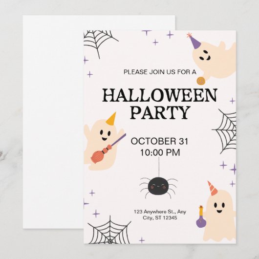 Beige Zwart Sinaasappel Speelse Halloween Party Kaart (Voorkant / Achterkant)